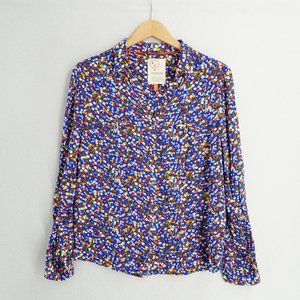 Conversations Anthropologie Womens Shirt Button Up Blue Floral Colorful Size 10